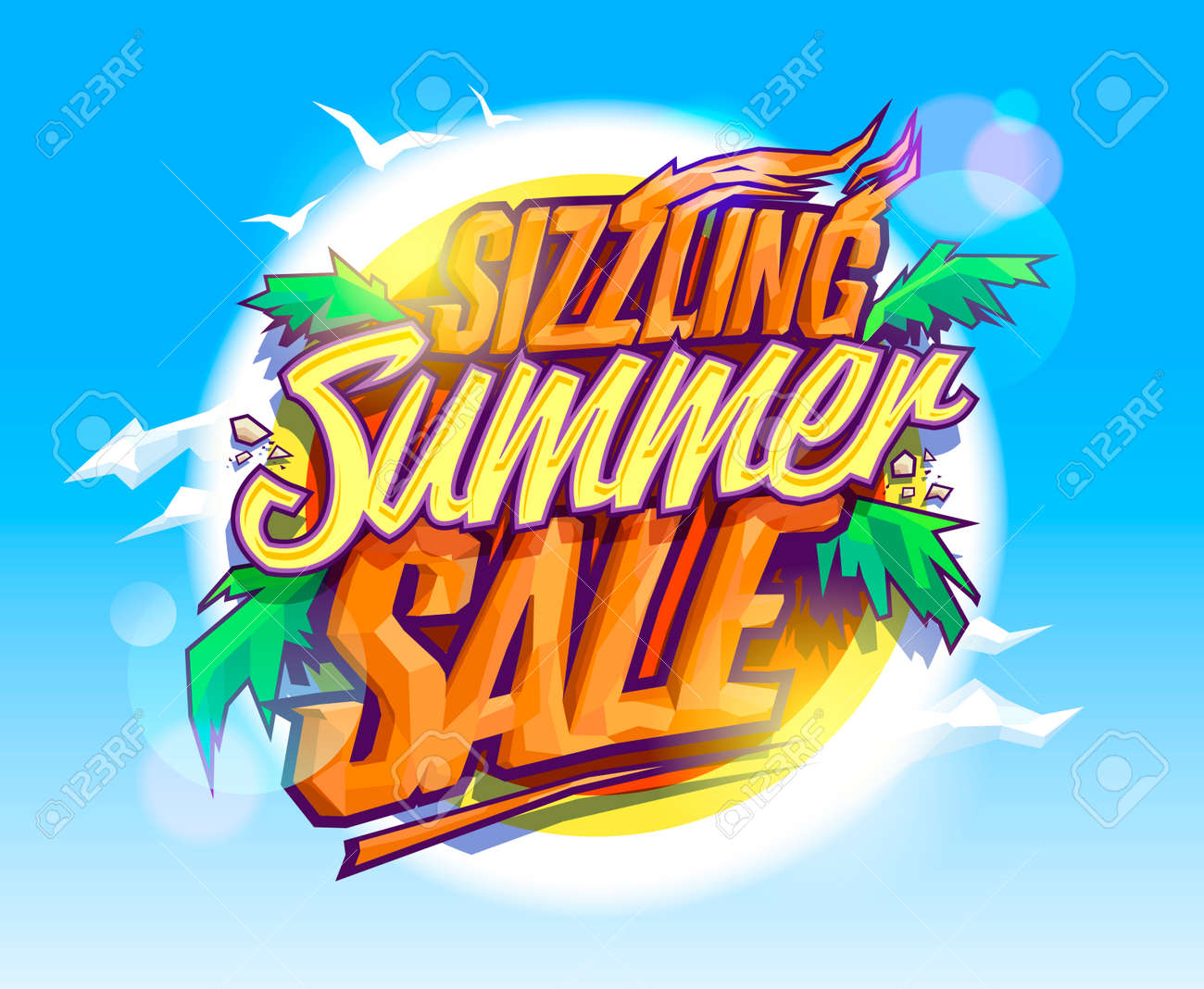 Sizzling summer sale, hot tropical design concept, sun, palms leaves and sky - 59799078 Sizzling summer sale, hot tropical design concept, sun, palms leaves and sky - 59799078