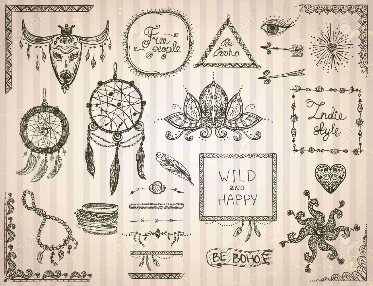 Hand Drawn Sketch Elements Set In Boho Style Hippie Indie Style