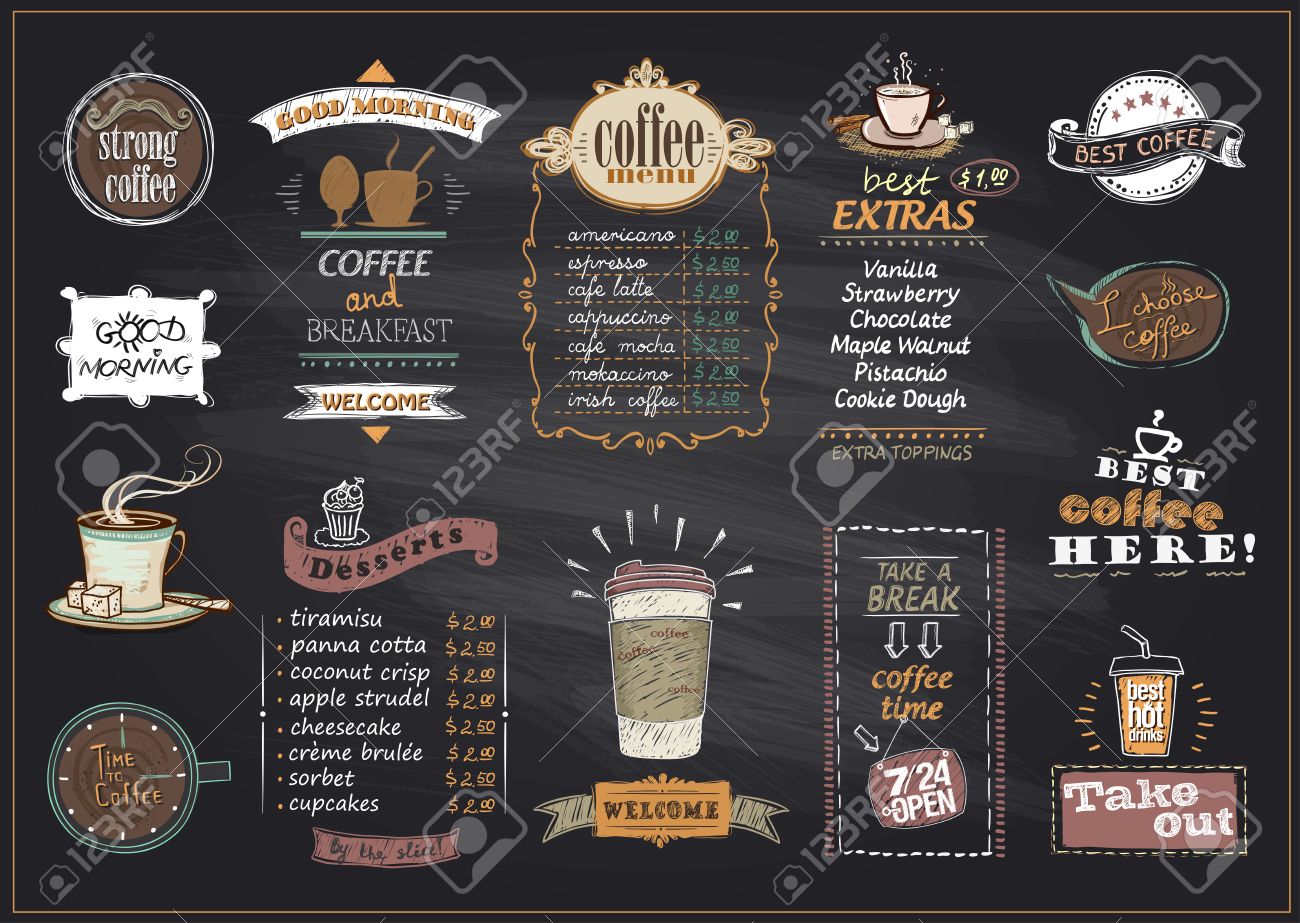Chalkboard Coffee And Desserts Menu List Designs Set For Cafe Or Restaurant Best Coffee Good Morning Welcome Take Out Concepts Collection Copy Space For Text Hand Drawn Illustration Royalty Free Cliparts Vectors Chalkboard Coffee And Desserts Menu List Designs Set For Cafe Or Restaurant Best Coffee Good Morning Welcome Take Out Concepts Collection Copy Space For Text Hand Drawn Illustration Royalty Free Cliparts Vectors