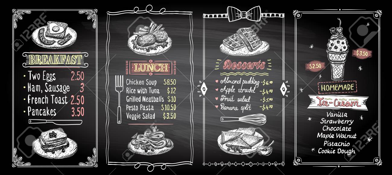 breakfast lunch desserts and ice cream chalkboard menu list