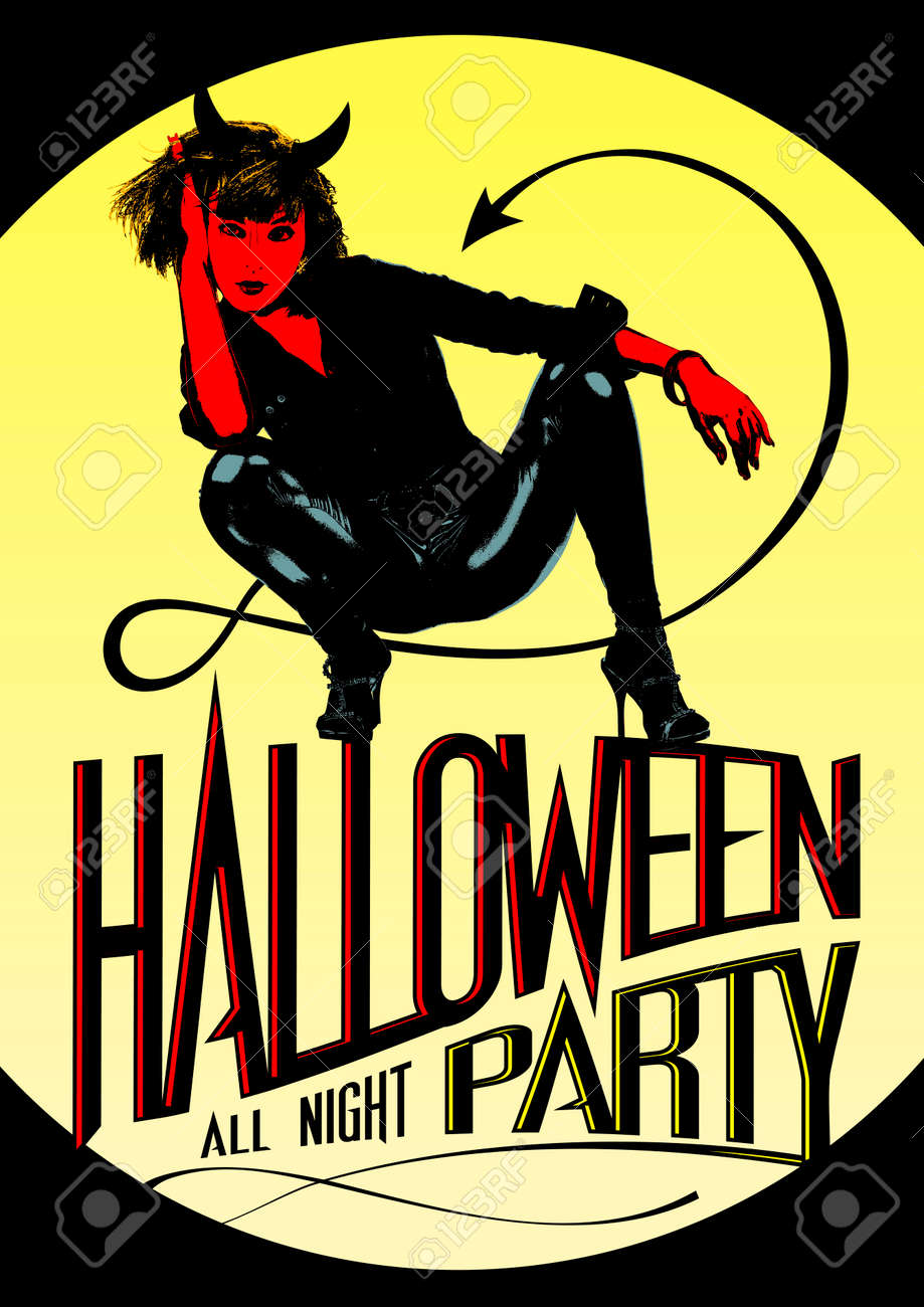 悪魔の女 ハロウィーンのためのすべての夜パーティー デザイン のイラスト素材 ベクタ Image