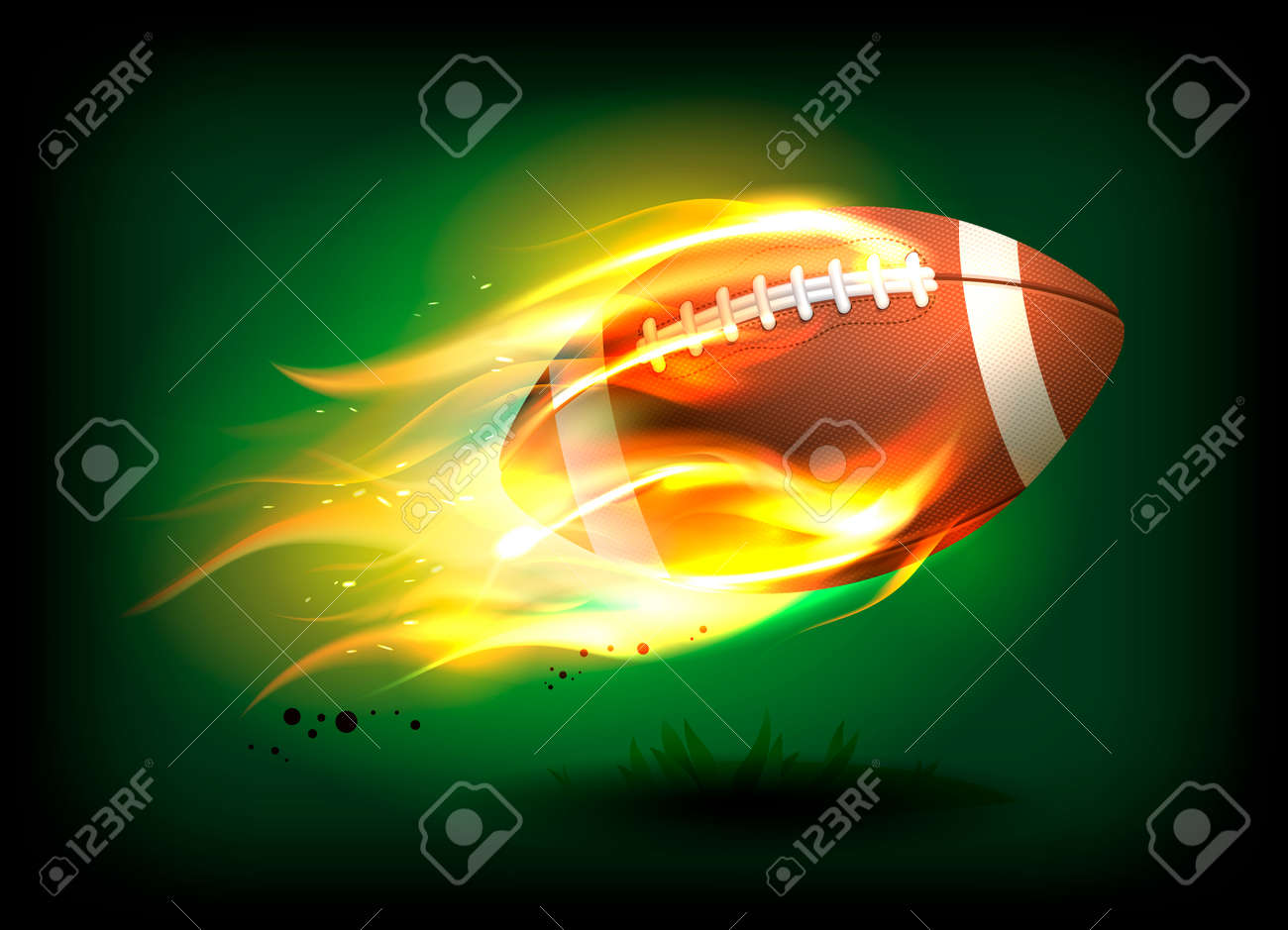 ひもと燃えるような炎 スポーツの成功の概念のステッチと古いクラシック レザー ラグビー ボールのベクトル イラスト のイラスト素材 ベクタ Image