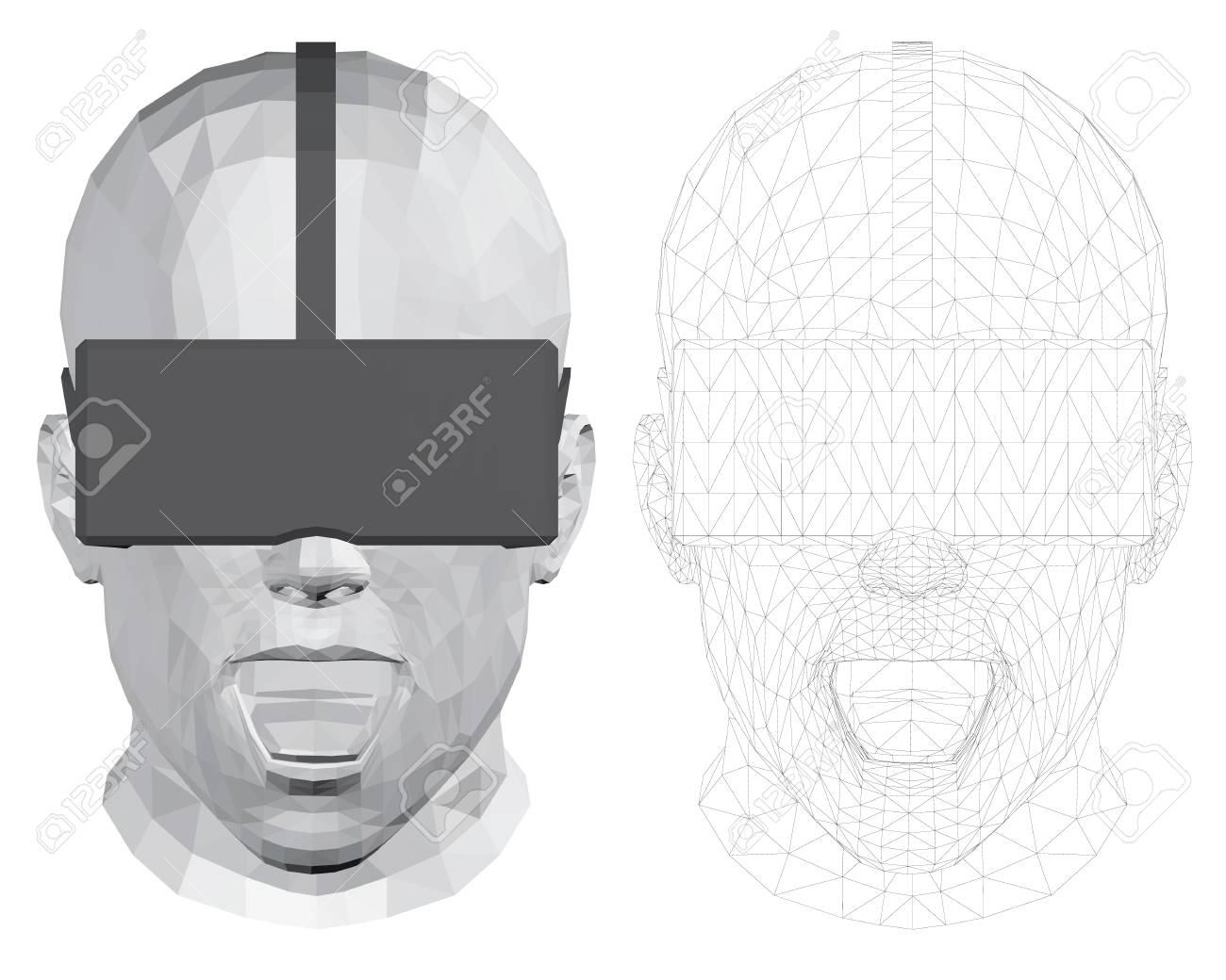 バーチャルリアリティメガネの男のポリゴンヘッド 異性体 バーチャルリアリティ3dの黒い眼鏡をかけた男の頭 頭を覆うメッシュ ベクトルのイラスト 驚きの口を開いた男のイラスト素材 ベクタ Image