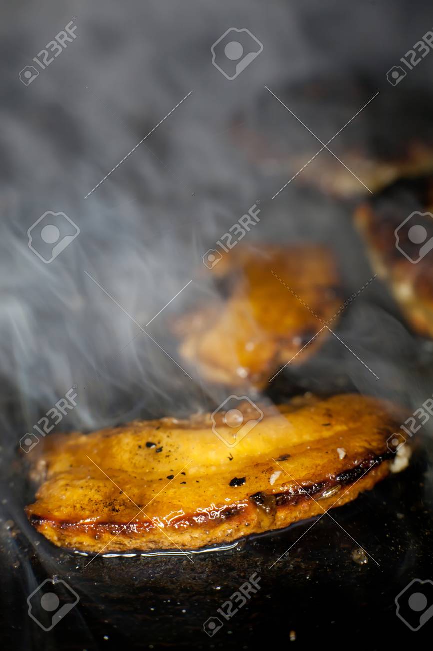 beacon grilled on stone plate close up bbq background bbq background