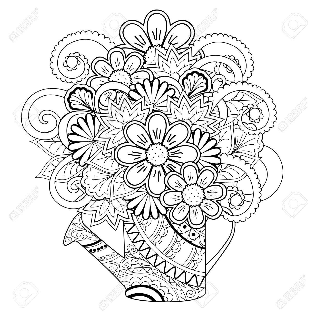 手は 装飾の水まき缶にもつれた花を描画されます 大人用と子供用の塗り絵のイメージです のイラスト素材 ベクタ Image 66353138