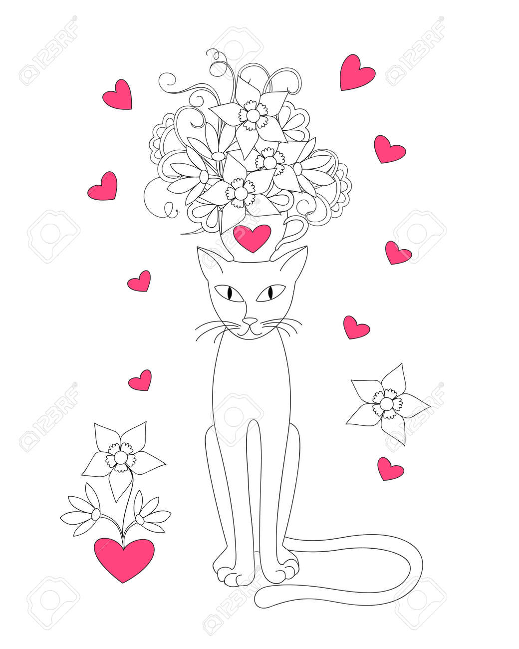 Chat De Bande Dessinée Avec Tasse Des Fleurs Et Des Coeurs Pour La Saint Valentin Carte De Voeux Dinvitation Mariage Vacances Romantiques Pour