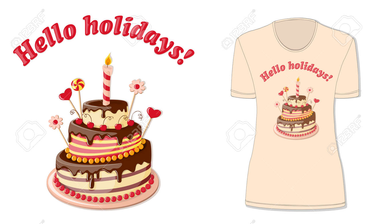 Impression Coloree Isolee Avec Gateau Realiste Bougie Et Texte Bonjour Les Vacances Clip Art Libres De Droits Vecteurs Et Illustration Image