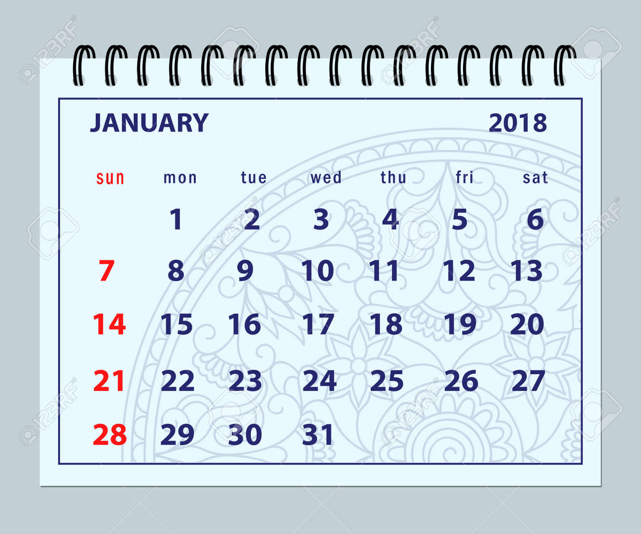 calendario mensual enero de 2018 en el fondo del mandala layout a5 calendario mensual