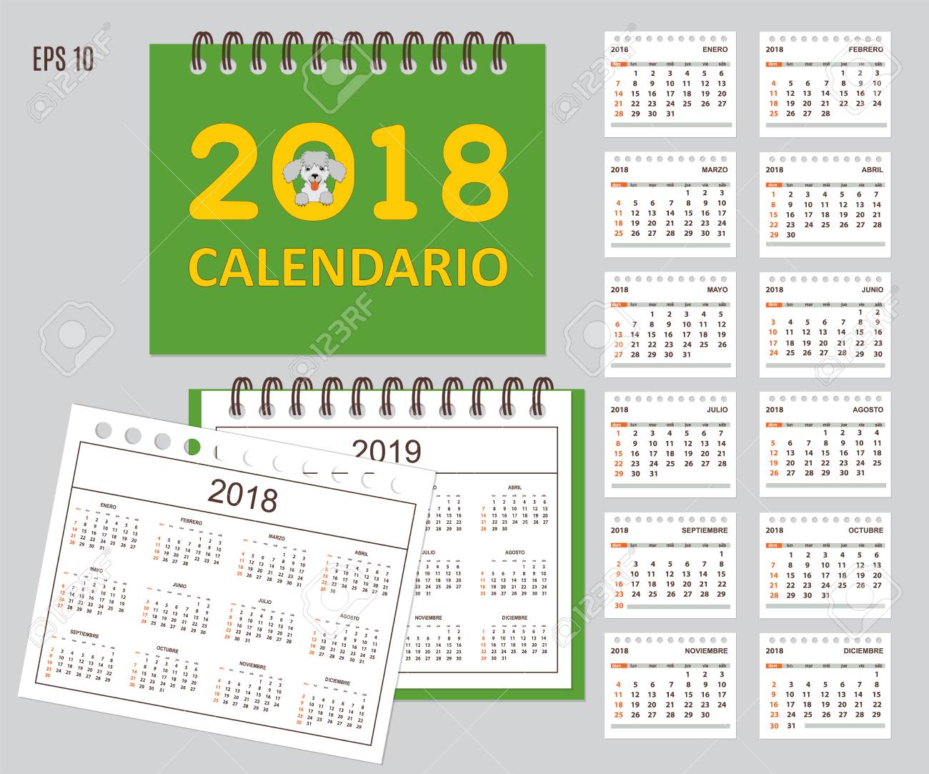 子供机のためアメリカのカレンダーの表紙面白い漫画の犬と 12 ヶ月孤立したページで 18 年を設定します 孤立したカレンダーは 19 年 スペイン語 週は日曜日に開始します Eps 10のイラスト素材 ベクタ Image
