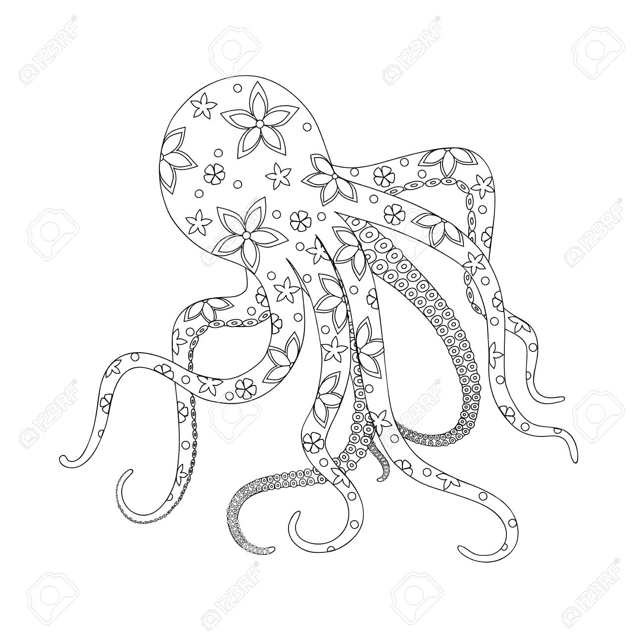 poulpe isole avec motif floral pour les enfants album a colorier tutoriels dessin le logo decorer papier lettres bloc notes impression de t shirts illustration contour noir et blanc coloriage chevalier yoda jedi