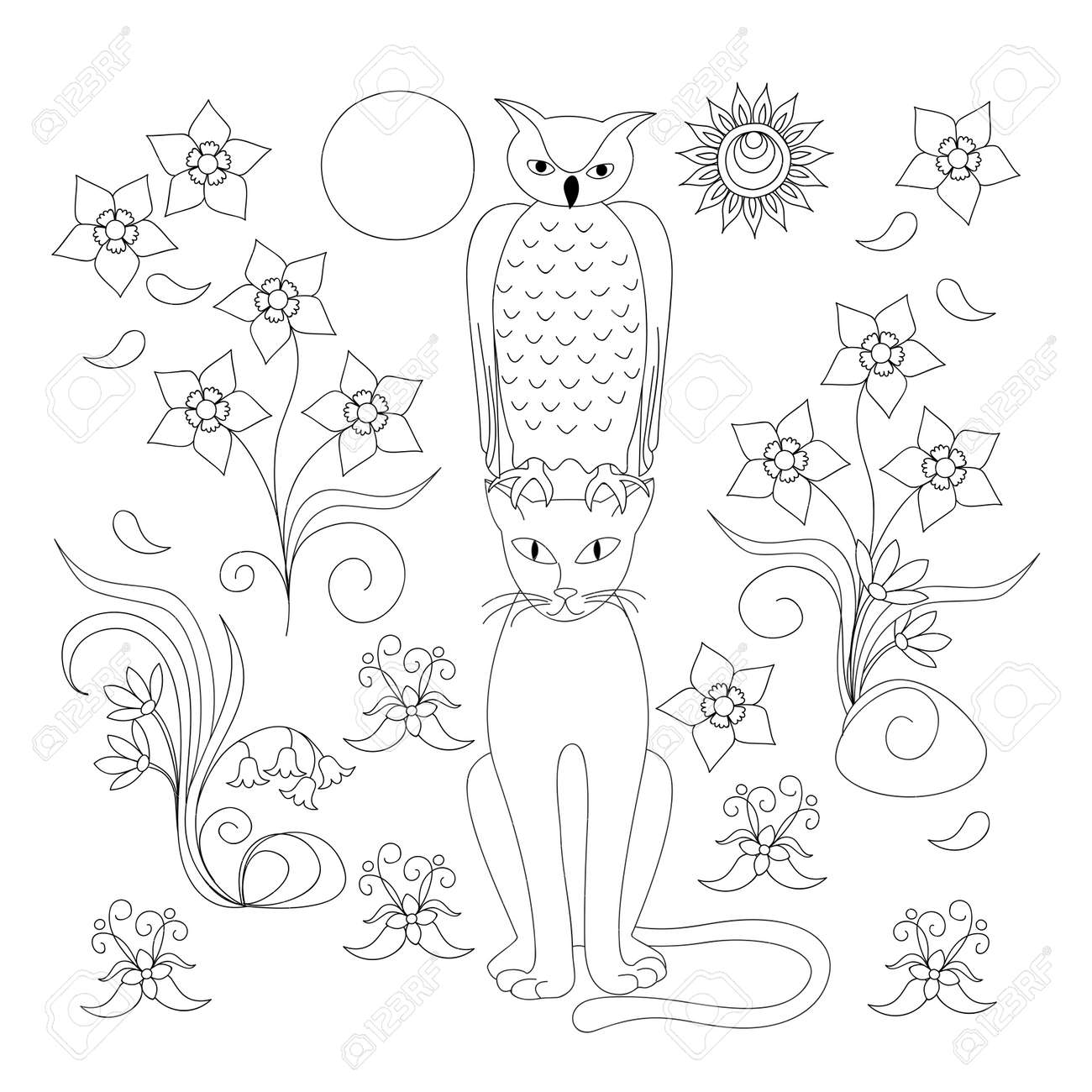 Coloriage Avec Dessin Animé à La Main Chat Hibou Et Fleurs Pour Enfants Et Adulte Livre De Coloriage Anti Stress Album Imprimez Pour Lart De La