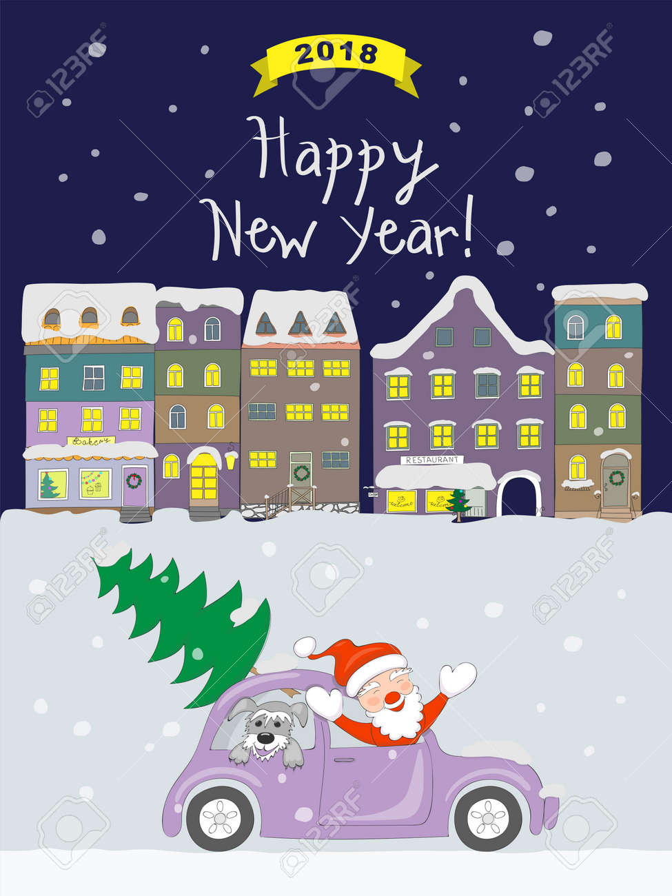 Carte De Nouvel An 18 Avec Santa Claus De Dessin Anime Et Chien Voyageant Dans L Auto Et Le Texte Retro Bonne Annee Sur Le Fond De Ville Neige Et Noel Nuit Eps