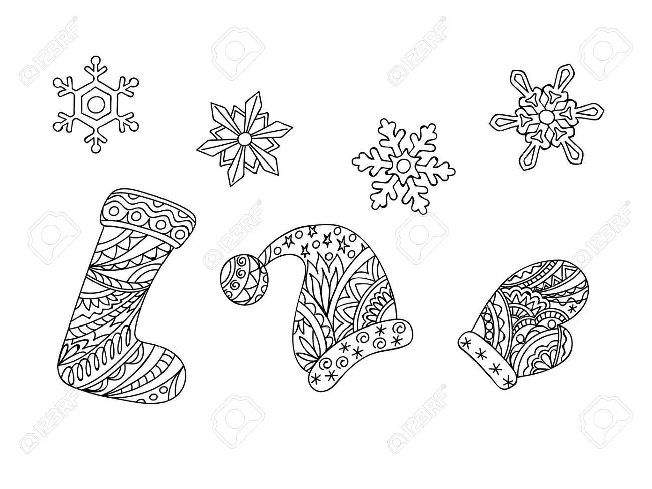 Dessines A La Main A Motifs De Chaussettes De Noel Zen Emmeles Chaussettes Bonnet De Noel Mitaines Et Flocons De Neige Isoles Sur Le Fond Blanc Livre De Coloriage Adulte Eps 10