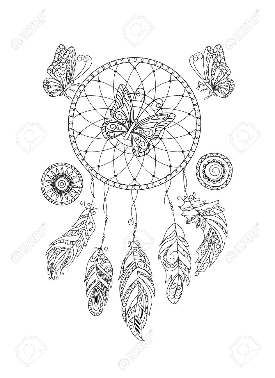 Coloring Page With Dreamcatcher, Patterned Feathers And - Coloring Page With Dreamcatcher, Patterned Feathers And