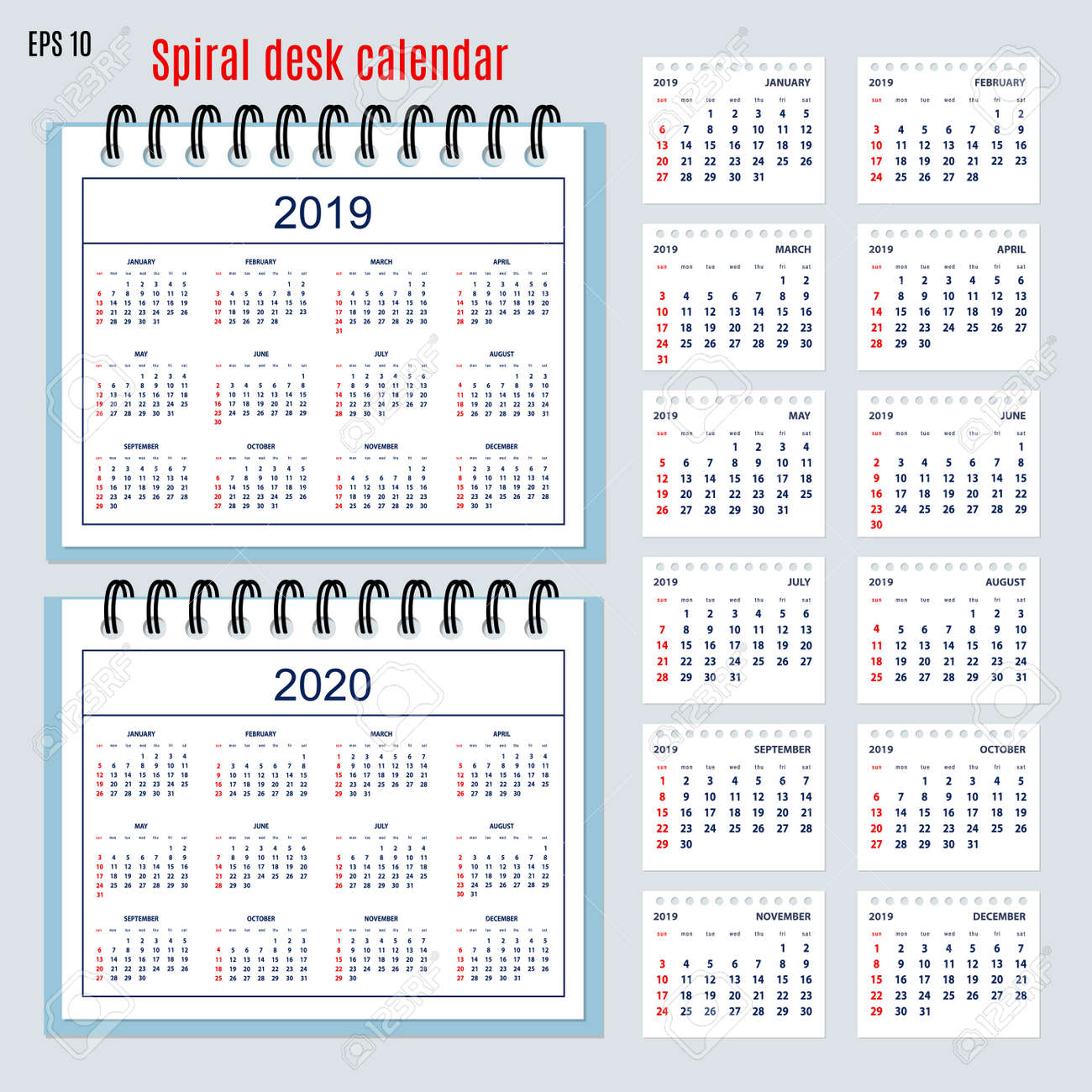 set of business calendar for desk year 2019 with 12 month isolated 12 month in a year