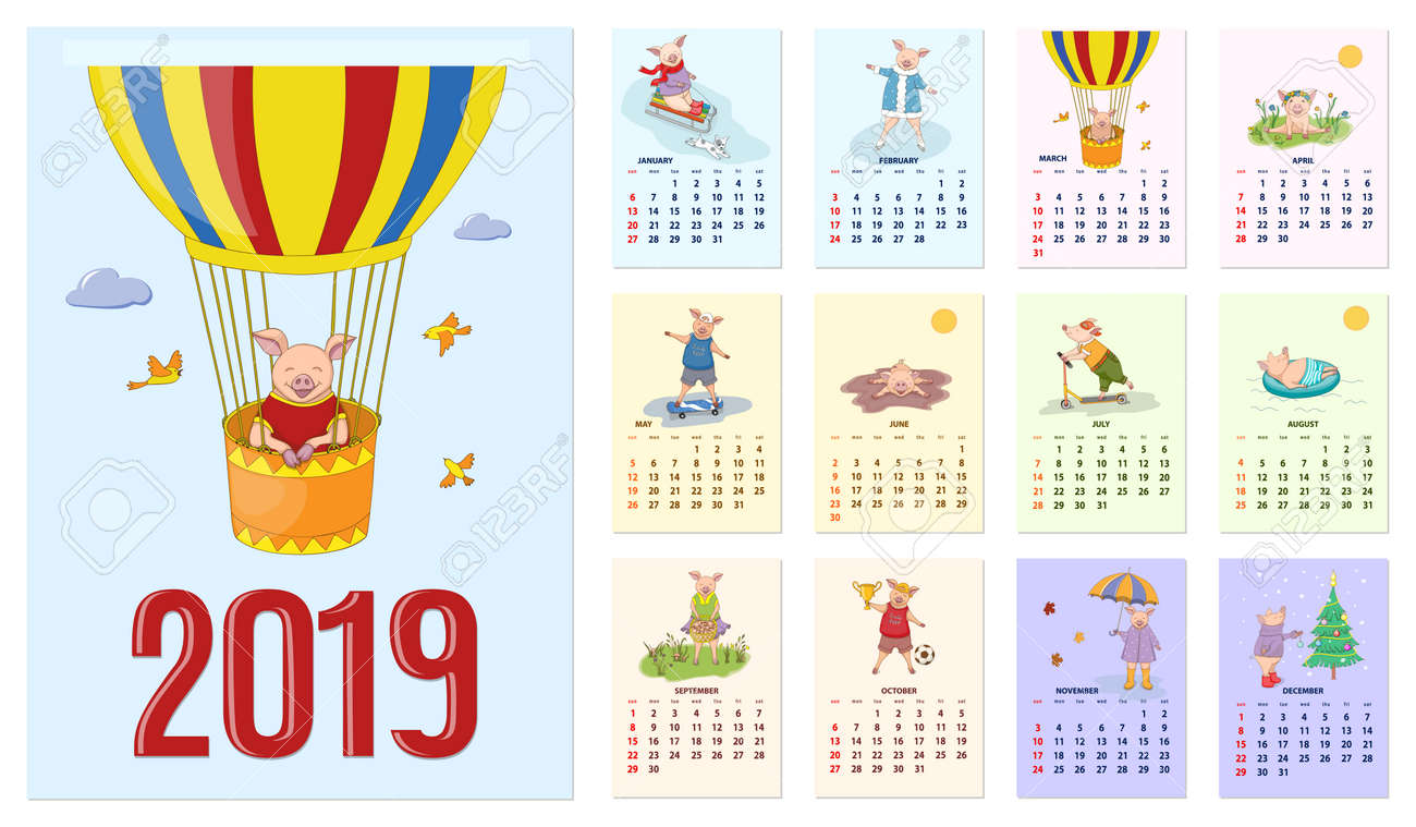 kids calendar for wall 2019 year of pig set of the 12 month 12 month in a year
