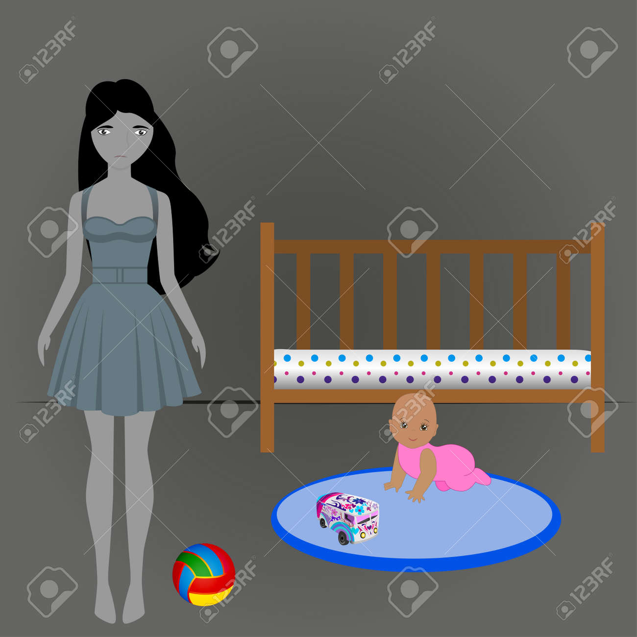 母が子の出生後 産後うつ病に苦しんで のイラスト素材 ベクタ Image 母が子の出生後 産後うつ病に苦しんで のイラスト素材 ベクタ Image