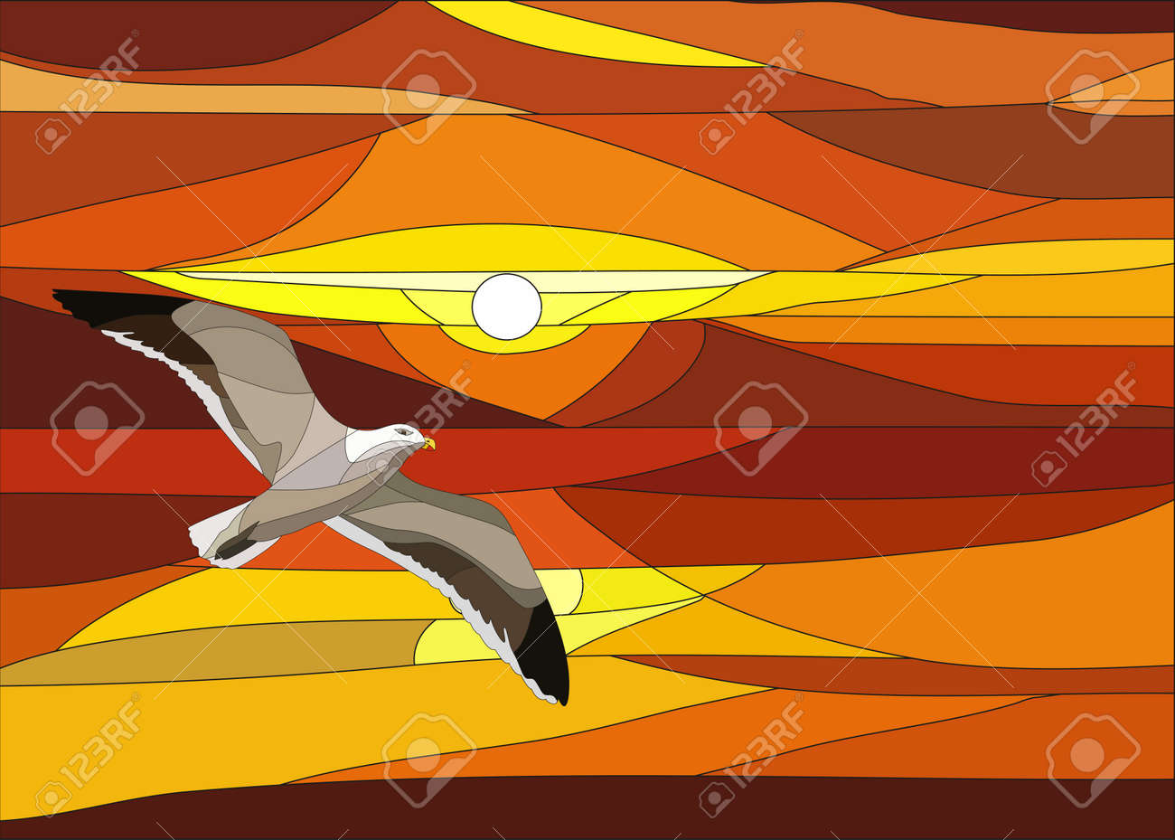 夕焼け雲とステンド グラスの窓の中の鳥のイラスト のイラスト素材 ベクタ Image