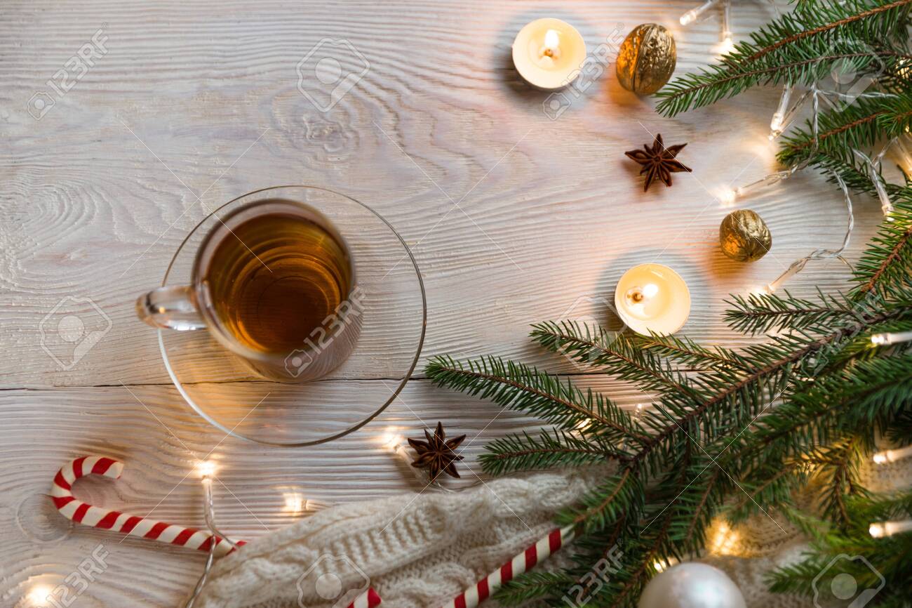 Christmas Composition Cup Of Hot Fruit Tea And Christmas Candy Stock Photo Picture And Royalty Free Image Image 113501334
