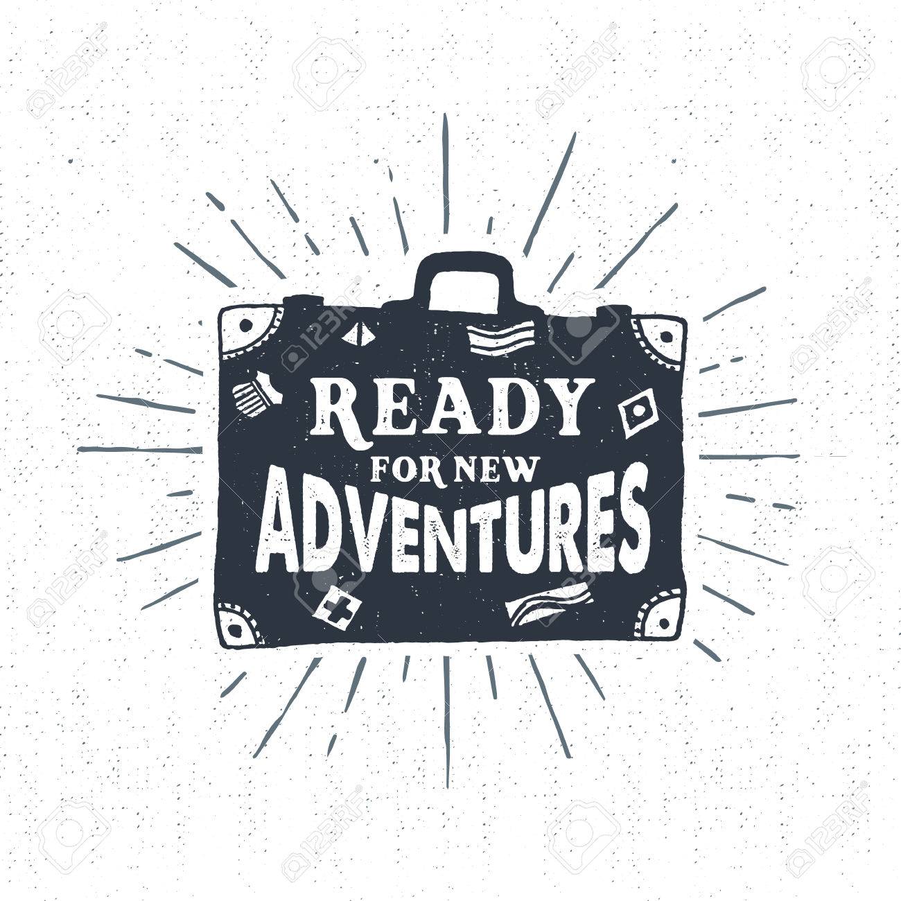 Hand drawn textured vintage label, retro badge with suitcase vector illustration and "Ready for new adventures" lettering. - 53285714 Hand drawn textured vintage label, retro badge with suitcase vector illustration and "Ready for new adventures" lettering. - 53285714