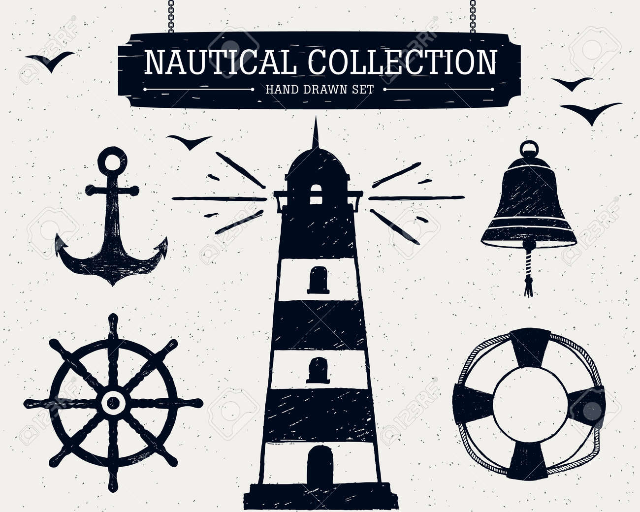 Hand drawn nautical collection of lighthouse, anchor, ship helm, lifebuoy, bell. - 53286319 Hand drawn nautical collection of lighthouse, anchor, ship helm, lifebuoy, bell. - 53286319