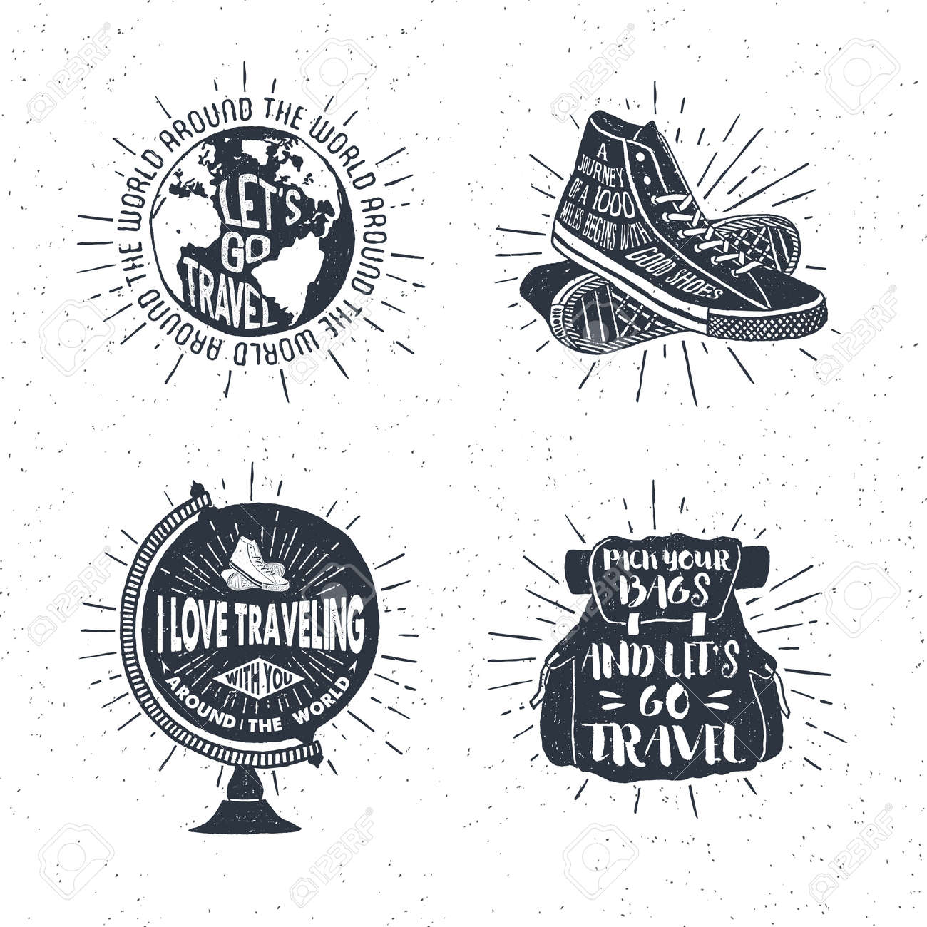 Hand drawn textured vintage labels, retro badges set with globe, sneakers, bag, and lettering vector illustrations. - 55094490 Hand drawn textured vintage labels, retro badges set with globe, sneakers, bag, and lettering vector illustrations. - 55094490