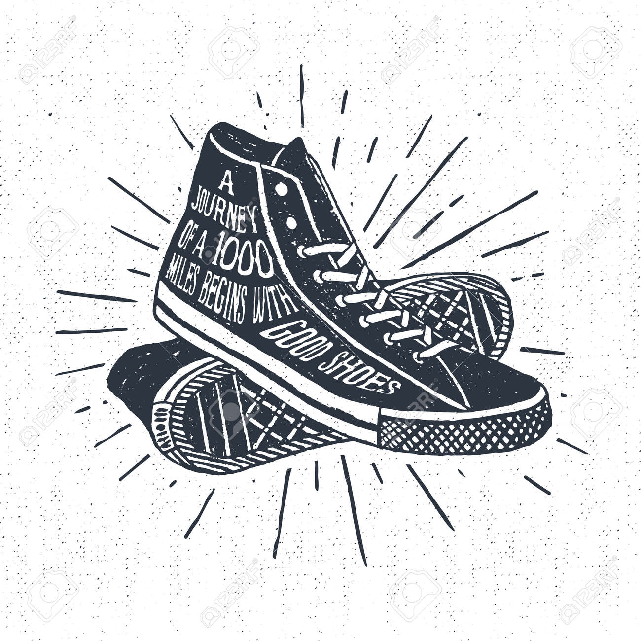 Hand drawn textured vintage label, retro badge with sneakers vector illustration and inspirational lettering. - 55094492 Hand drawn textured vintage label, retro badge with sneakers vector illustration and inspirational lettering. - 55094492