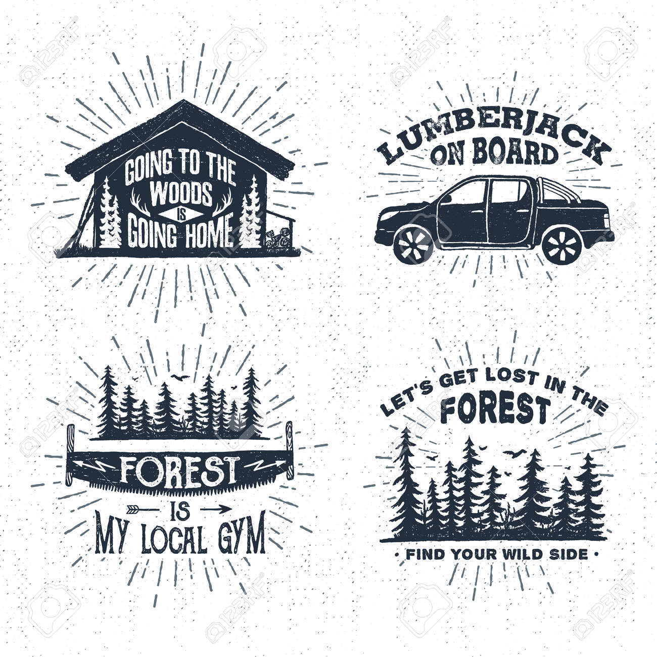 Hand drawn vintage badges set with textured wooden cabin, pickup truck, saw, and spruce forest vector illustrations and inspirational lettering. - 60255373 Hand drawn vintage badges set with textured wooden cabin, pickup truck, saw, and spruce forest vector illustrations and inspirational lettering. - 60255373