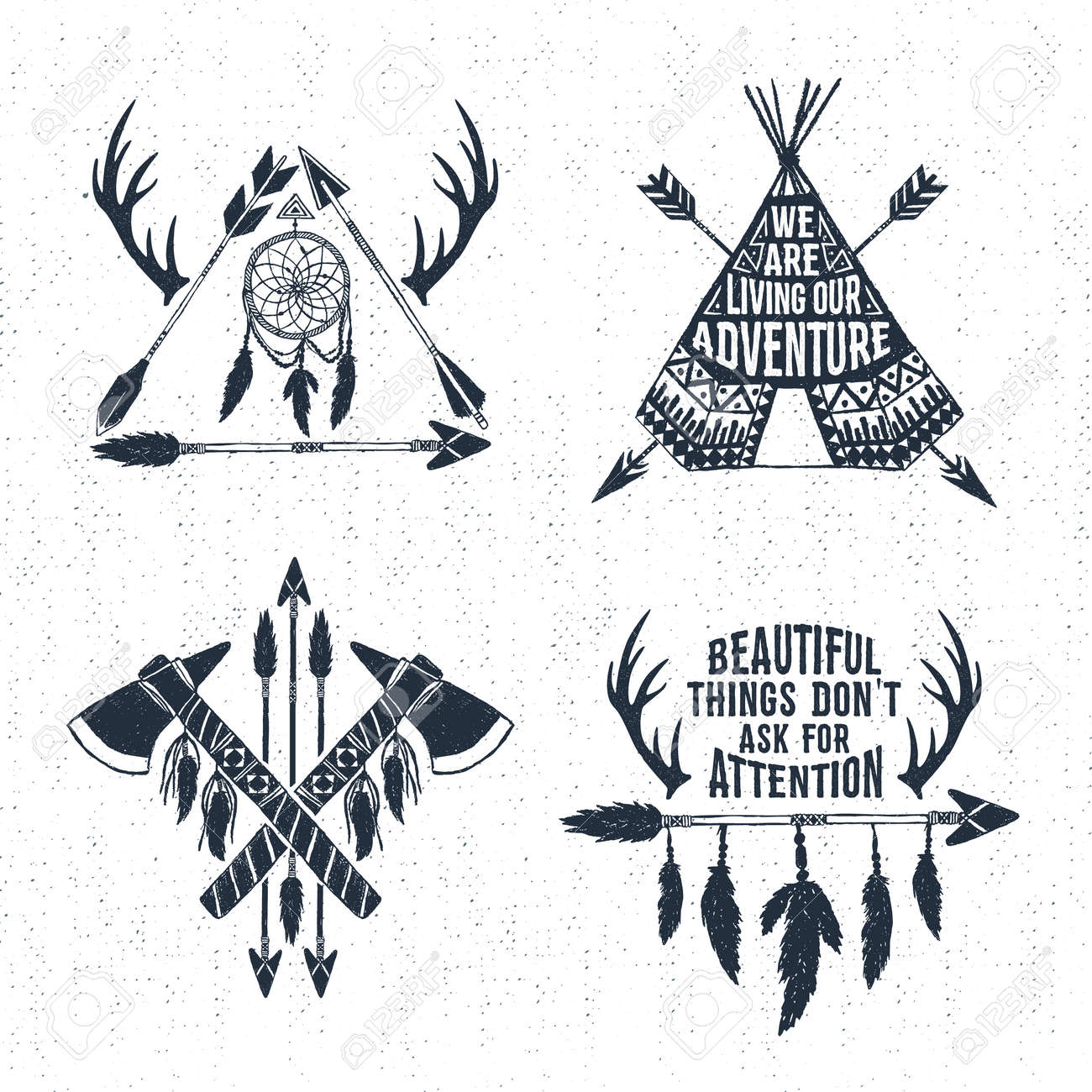 Hand drawn tribal labels set with arrows, teepee, tomahawks, and feathers vector illustrations and inspirational lettering. - 61847576 Hand drawn tribal labels set with arrows, teepee, tomahawks, and feathers vector illustrations and inspirational lettering. - 61847576