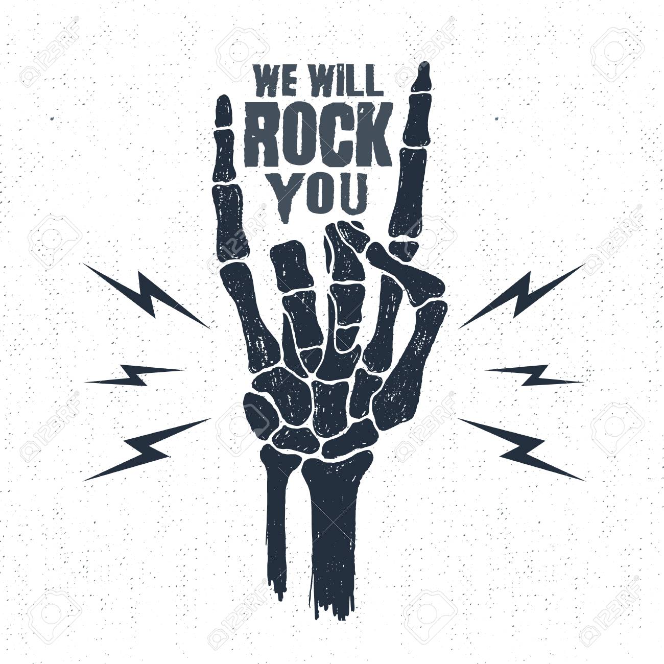 Hand drawn Halloween label with textured skeleton hand vector illustration and "We will rock you" inspirational lettering. - 69213522 Hand drawn Halloween label with textured skeleton hand vector illustration and "We will rock you" inspirational lettering. - 69213522