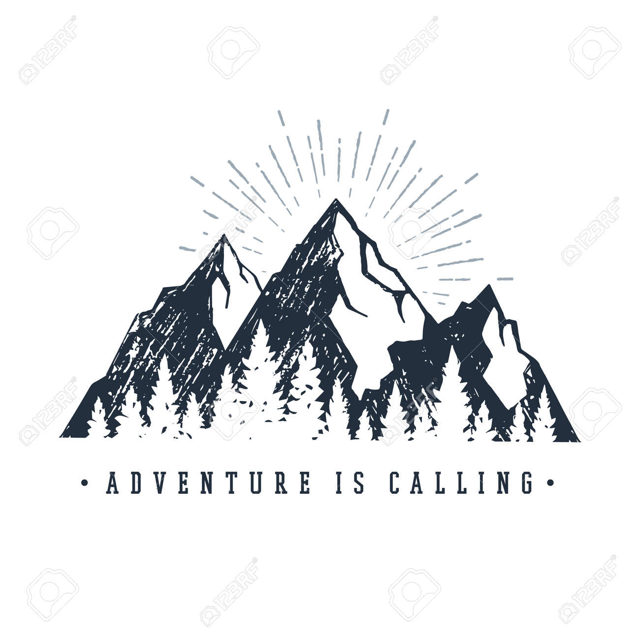 Hand drawn inspirational label with mountains and pine trees textured vector illustrations and "Adventure is calling" lettering. - 91098062 Hand drawn inspirational label with mountains and pine trees textured vector illustrations and "Adventure is calling" lettering. - 91098062