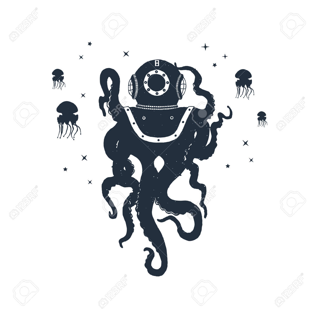 Hand drawn nautical badge with octopus and jellyfish textured vector illustrations. - 93897168 Hand drawn nautical badge with octopus and jellyfish textured vector illustrations. - 93897168