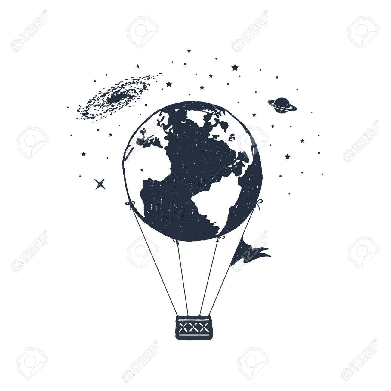 Insigne De Voyage Dessine A La Main Avec La Terre Comme Une Illustration Vectorielle Texturee De Montgolfiere Clip Art Libres De Droits Vecteurs Et Illustration Image