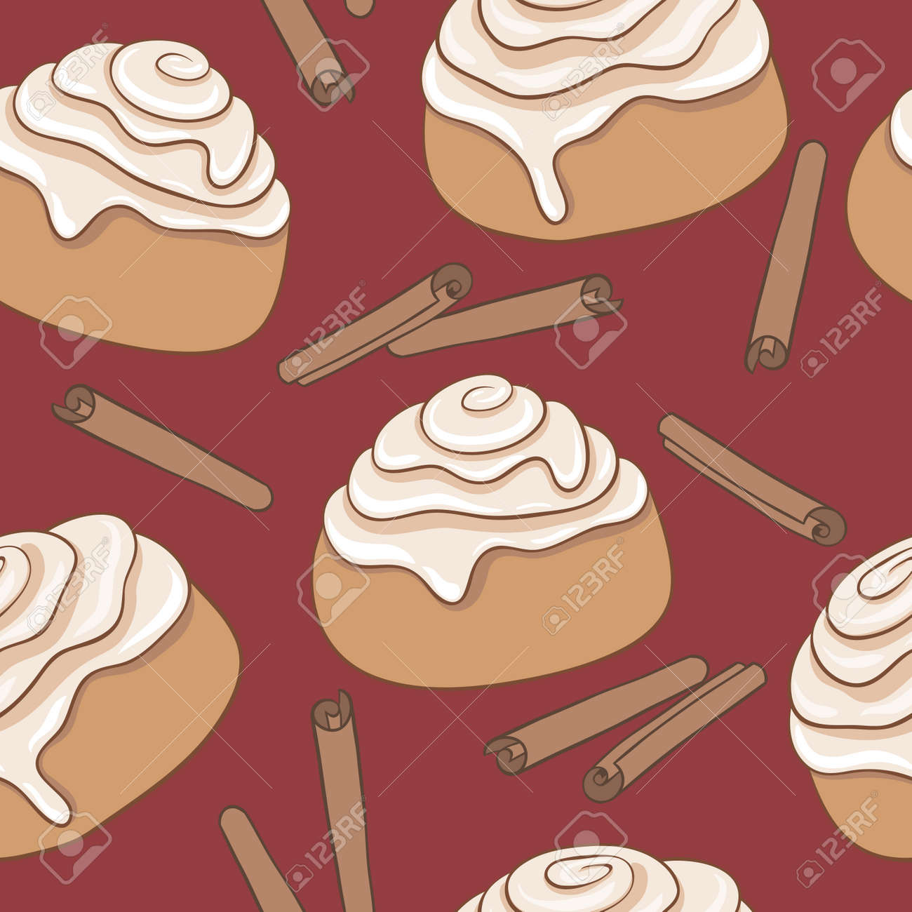 シームレス パターン シナモン ロールし シナモンの棒します フロスティングとスパイスで焼きたての甘いペストリー のイラスト素材 ベクタ Image