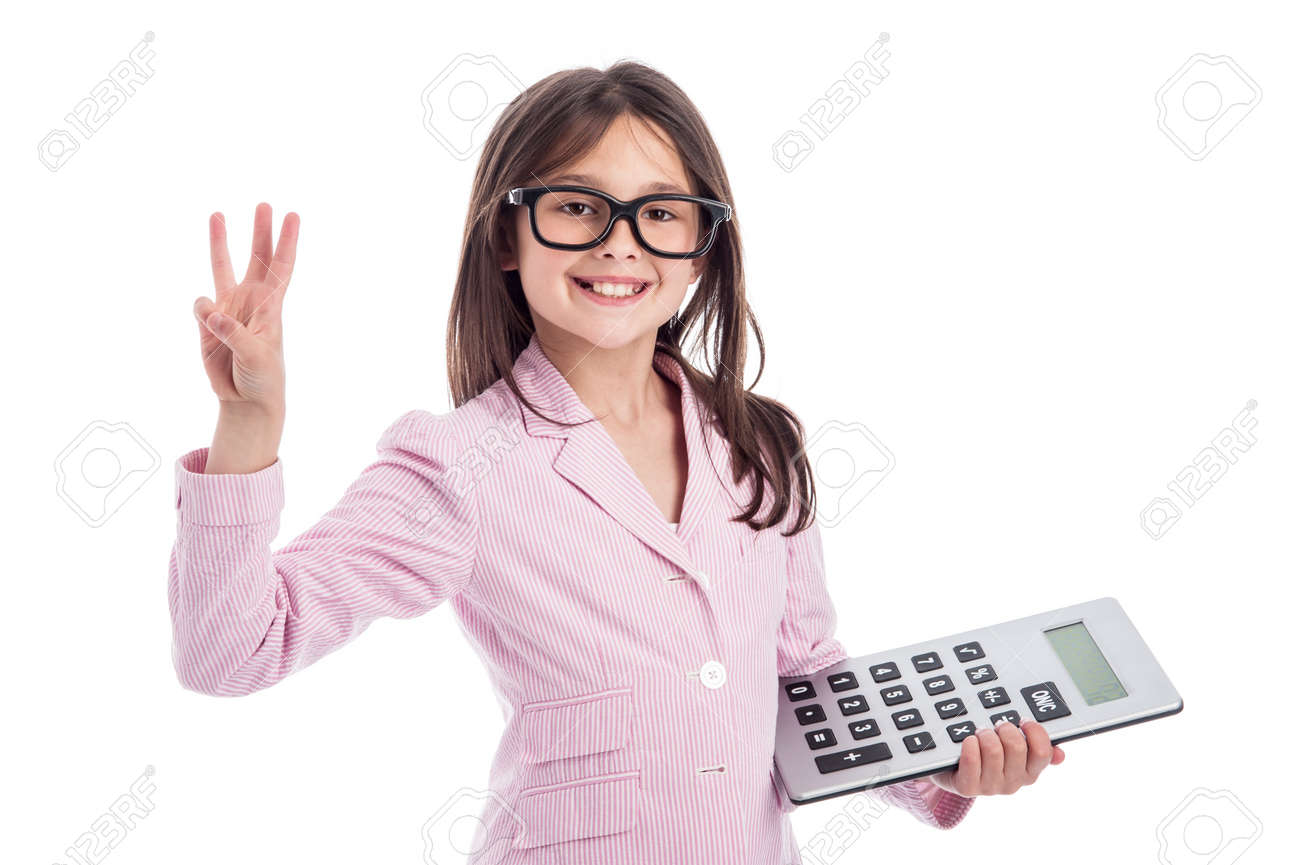Young girl counting a calculator and holding up three fingers. Isolated on white background. - 21064092 Young girl counting a calculator and holding up three fingers. Isolated on white background. - 21064092