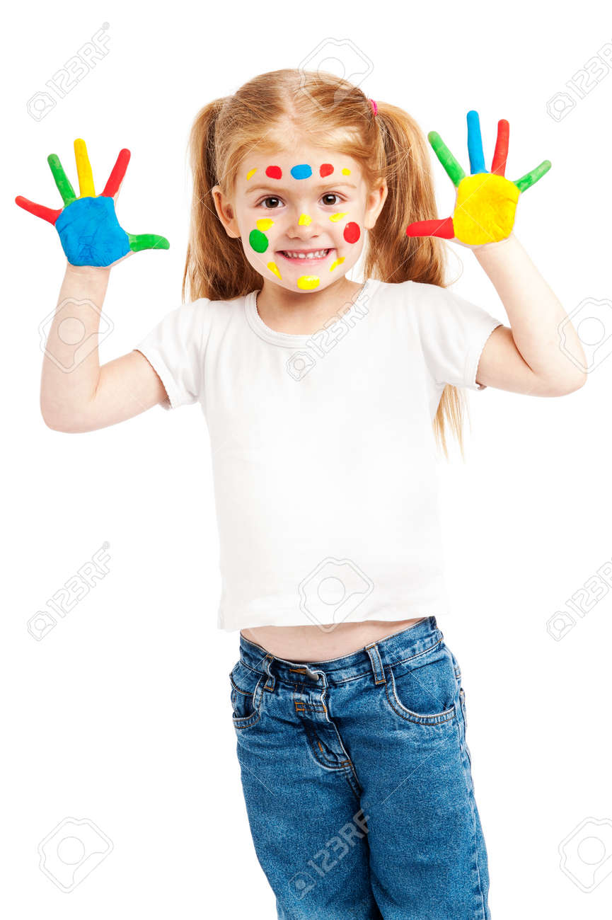 Young girl with brightly painted hands. Isolated on white background. - 22351263 Young girl with brightly painted hands. Isolated on white background. - 22351263