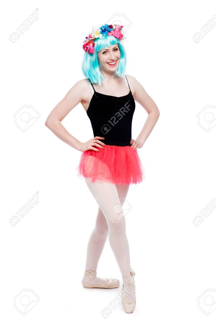 Crazy wig flowers girl tutu leotard ballet pose in studio on white background. - 40549776 Crazy wig flowers girl tutu leotard ballet pose in studio on white background. - 40549776