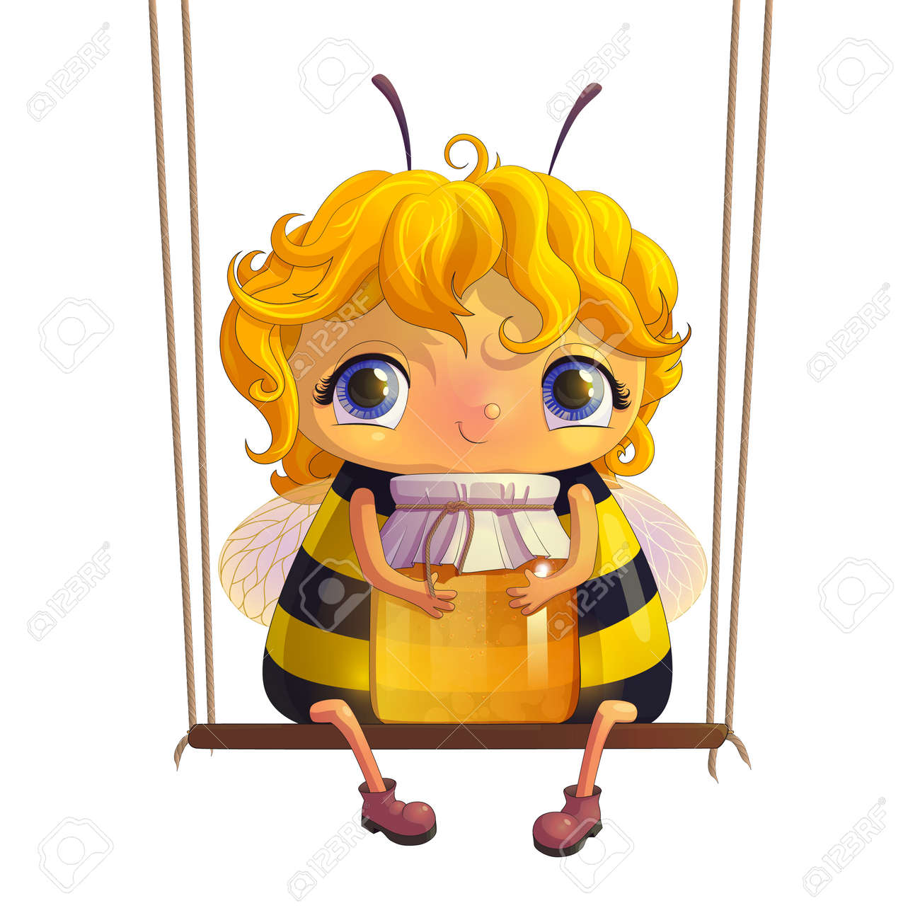 蜂蜜の瓶と蜂。アニメーションのキャラクター。プロジェクトの面白い