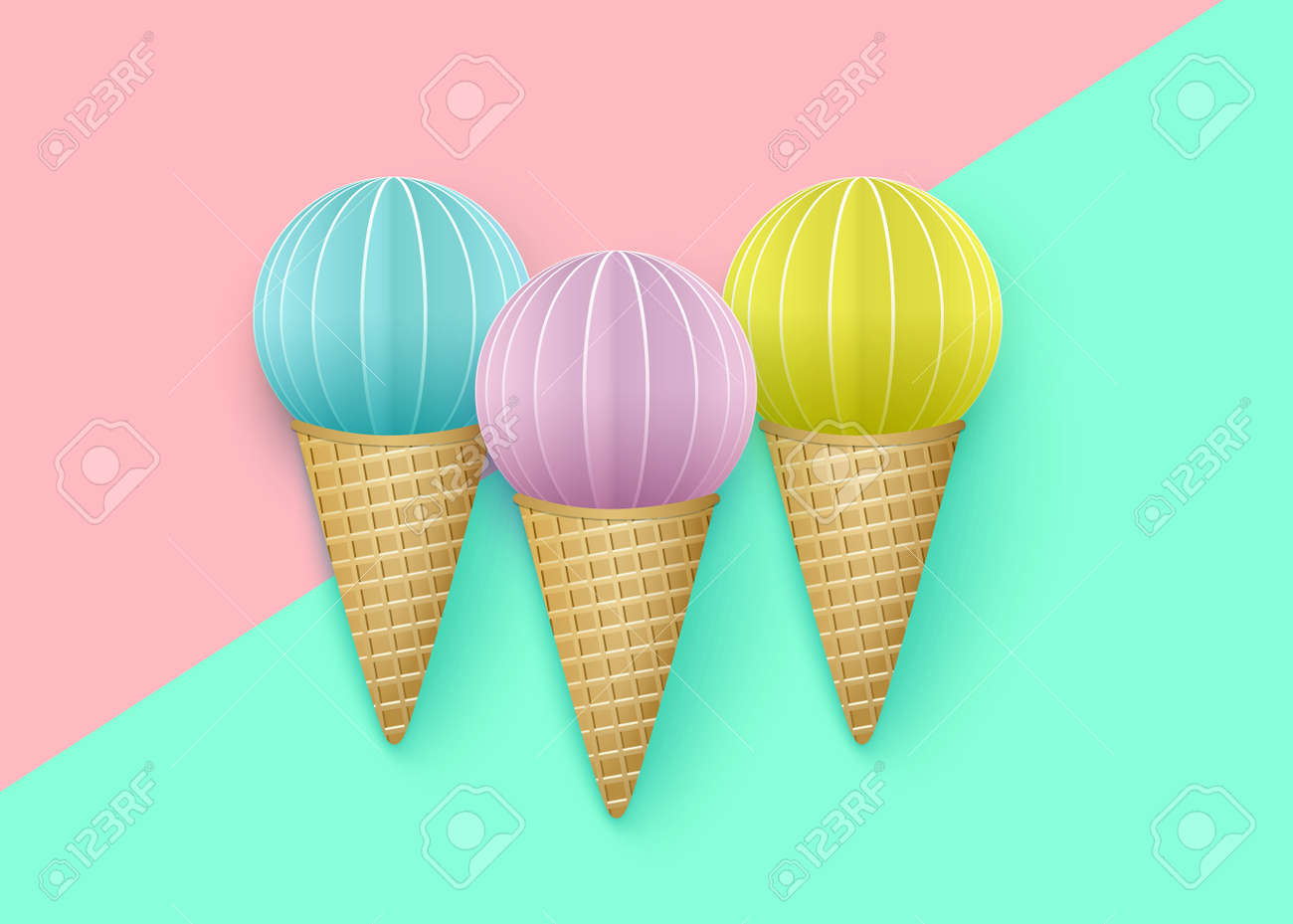 アイスクリームホーンのセット パンチの効いたパステルスタイル 広告アイスクリーム 休暇 夏の時間のための隔離された3dオブジェクト 紙切れベクトルイラストレーション のイラスト素材 ベクタ Image