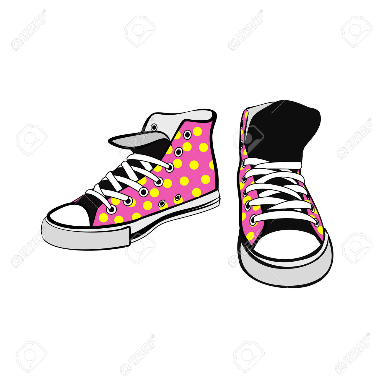 Los Zapatos De Las Zapatillas De Deporte Se Ilustración Vectorial Dibujada A Mano Zapatos Rosas Lunares Amarillos. Botas Deportivas Dibujadas A Mano Para Afiches, Postales, Folletos De Volantes. Vector
