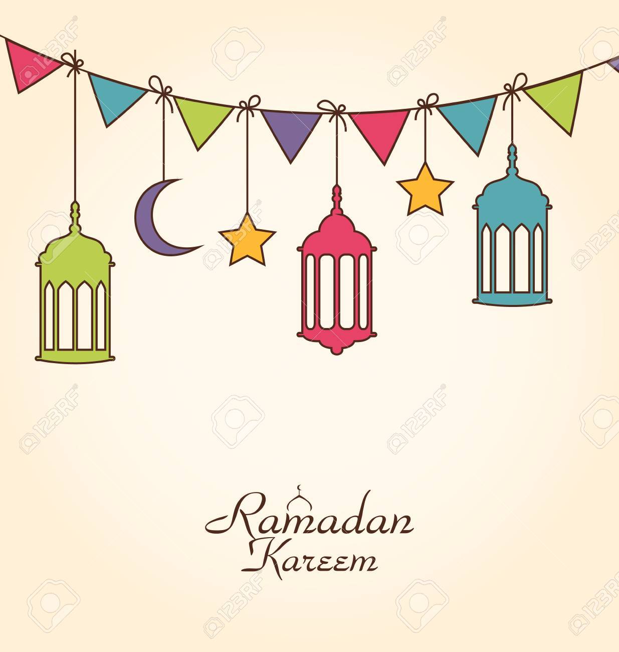 カラフルな壁掛けランプとホオジロ ベクトル ラマダン カリームのイラストお祝いカード のイラスト素材 ベクタ Image