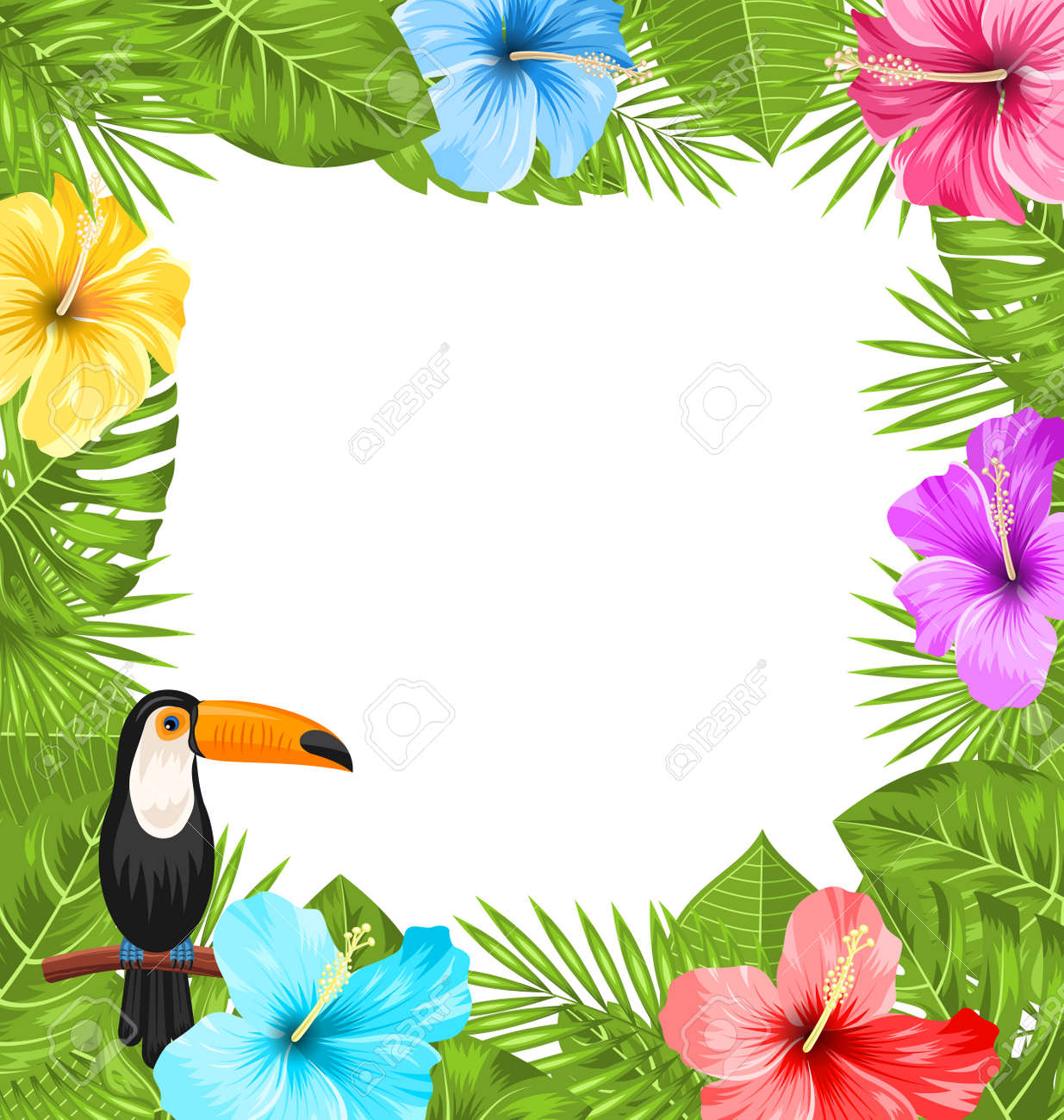 Illustration Exotic Jungle Frame with Toucan Bird, Colorful Hibiscus Flowers Blossom and Tropical Leaves, Copy Space for Your Text - Vector - 57654918 Illustration Exotic Jungle Frame with Toucan Bird, Colorful Hibiscus Flowers Blossom and Tropical Leaves, Copy Space for Your Text - Vector - 57654918