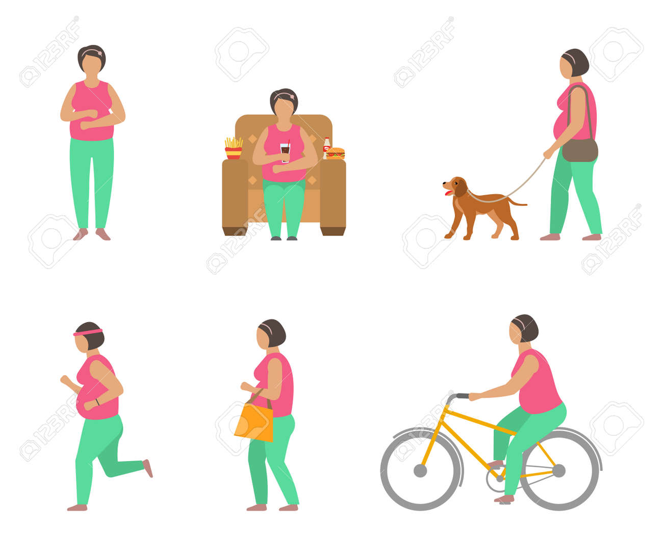 スポーツを通じた肥満との闘い 太った女性歩く犬 自転車 ジョギングのイラスト素材 ベクタ Image スポーツを通じた肥満との闘い 太った女性歩く犬 自転車 ジョギングのイラスト素材 ベクタ Image