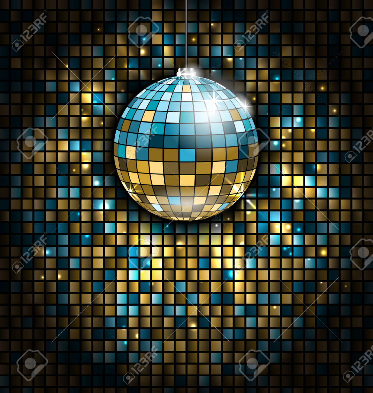 Golden Blue Disco Ball With Light Rays On Mosaic Glitter Background Stock Photo Picture And Royalty Free Image Image 89767582