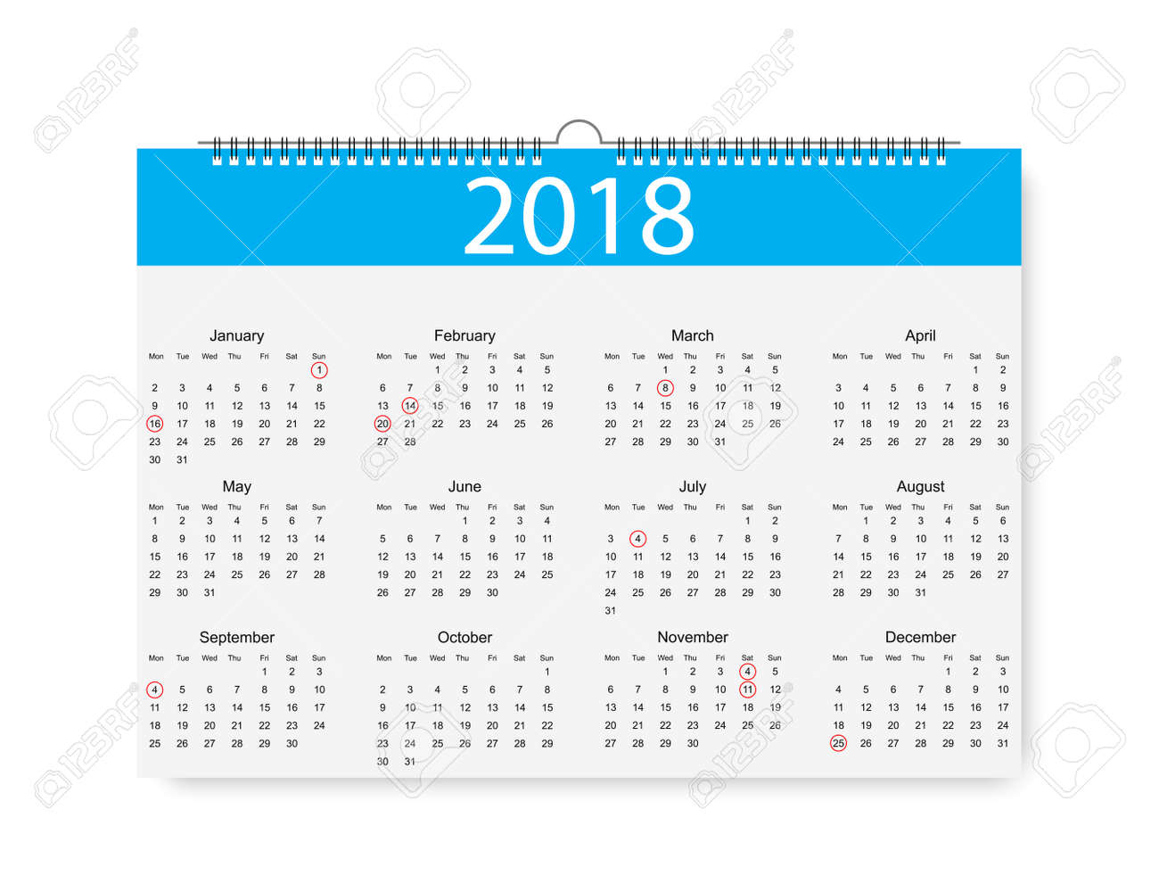 2018 new year calendar holiday event planner week starts sunday