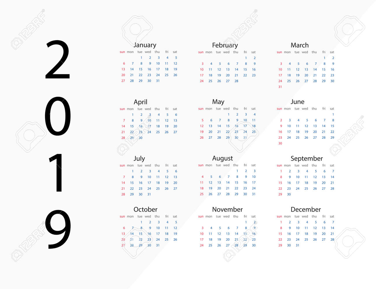 2019 New Year. Calendar On 2019 Year. Template Calendar 2019 Year. January.  February. March. April. May. June. July. August. September. October.  November. December Royalty Free SVG, Cliparts, Vectors, And Stock  Illustration. Image 110082106.