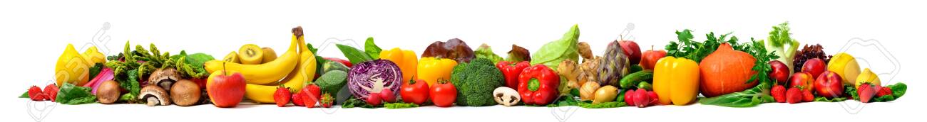 Arrangement of fruits and vegetables in many appetizing colors in a row, concept for a healthy plant-based lifestyle and fitness, super wide format ideal as a border, frame or banner - 148964166 Arrangement of fruits and vegetables in many appetizing colors in a row, concept for a healthy plant-based lifestyle and fitness, super wide format ideal as a border, frame or banner - 148964166