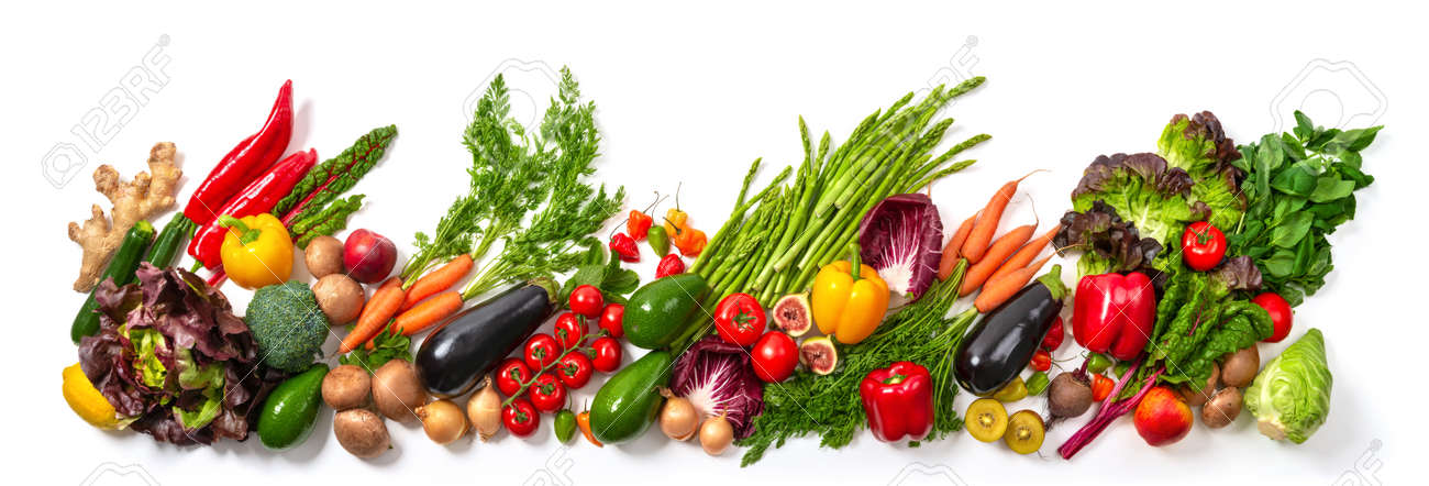 Arrangement of fruits and vegetables in many appetizing colors in a row, concept for a healthy plant-based lifestyle and fitness, wide format - 149775558 Arrangement of fruits and vegetables in many appetizing colors in a row, concept for a healthy plant-based lifestyle and fitness, wide format - 149775558
