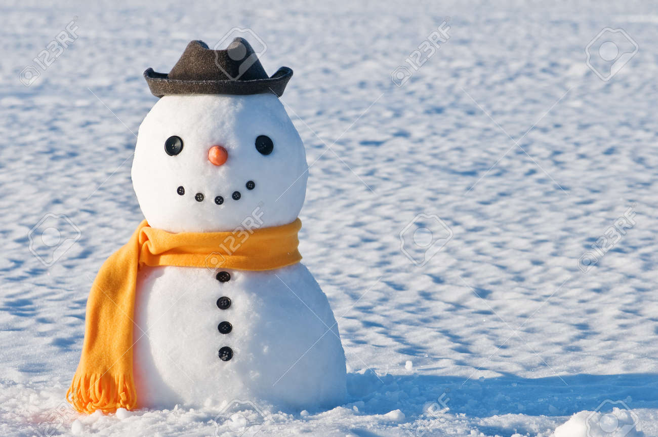 cute snowman on snowy field stock photo picture and royalty free