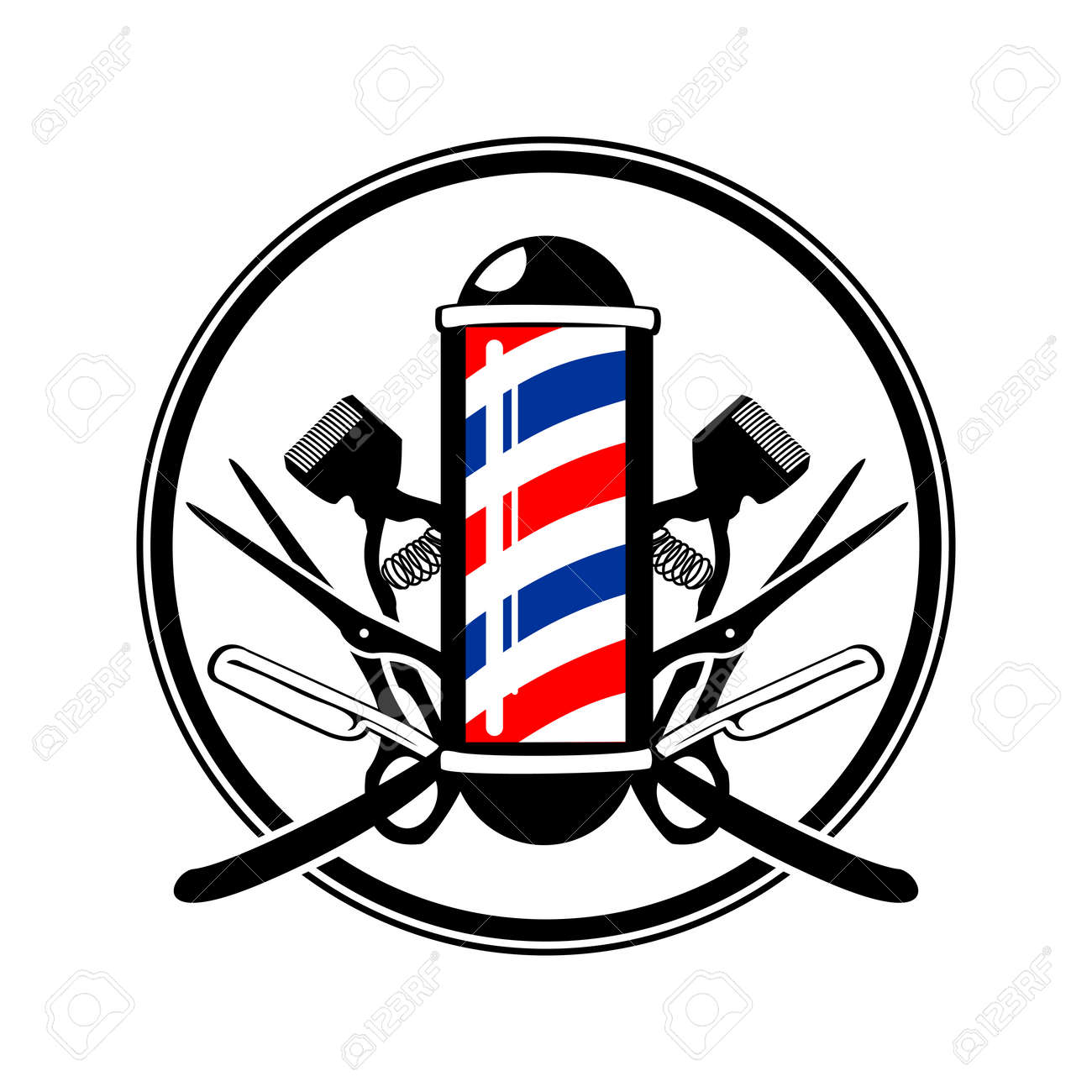 Circular Emblem Barber's Pole with Scissor, Razor And Old Clippers Symbol Vector Graphic Badge Design - 95578007 Circular Emblem Barber's Pole with Scissor, Razor And Old Clippers Symbol Vector Graphic Badge Design - 95578007